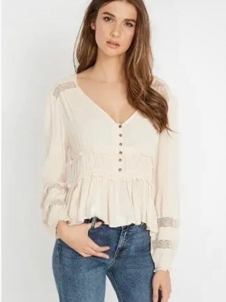 American Eagle Outfitters Cream V-Neck Peplum Long Sleeve Top